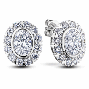 Classic Oval Bezel Set Canadian Diamond Halo Stud Earrings in 18K White Gold 3.87 Carat TW
