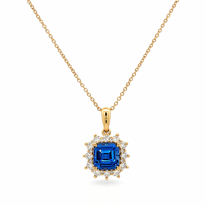 Ceylon Origin Blue Sapphire and Diamond Blossom Halo Pendant in 18K Yellow Gold