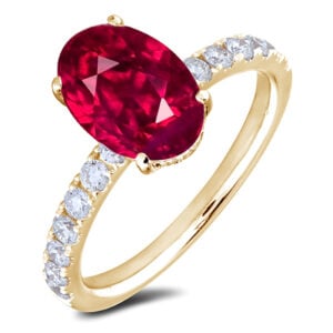 Oval 2.43 Carat Ruby and Diamond Hidden Halo Ring in 18K Yellow Gold