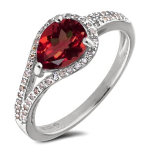 Garnet and Canadian Diamond Split Shank Halo Ring in White Gold