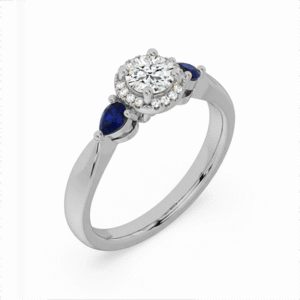 Canadian Diamond Halo Ring With Pear Shaped Blue Sapphire in White Gold