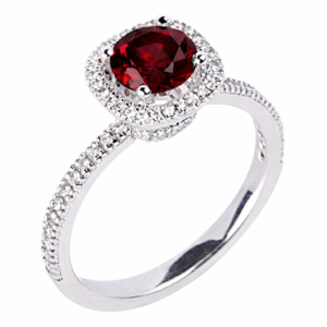 Cushion Cut Garnet and Canadian Diamond Halo Ring in 18K White Gold