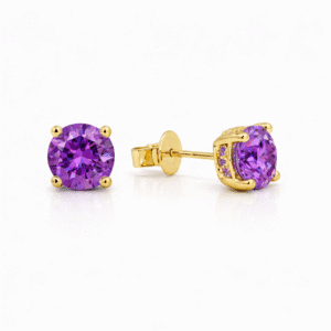 Amethyst 1.64 Carat TW and Canadian Diamond Halo Round Brilliant Stud Earrings in Yellow Gold