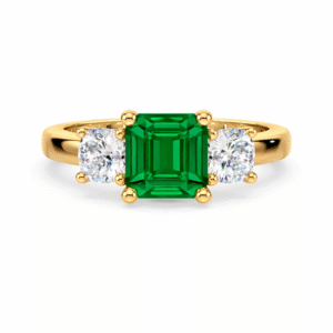 Brazilian Origin Emerald and Ideal Cut Diamond Trilogy Ring in 14K Yellow Gold