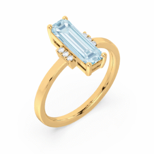 Brazilian Origin Rectangle Shaped Aquamarine and Canadian Diamond Ring in Yellow Gold