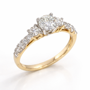 Canadian Diamond Three Stone Engagement Ring With Pave Details in 18K Yellow and White Gold 0.96 Carat TW