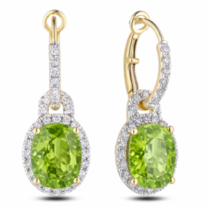 Peridot and Diamond Halo Hoop Dangle Earrings in 14K Yellow Gold