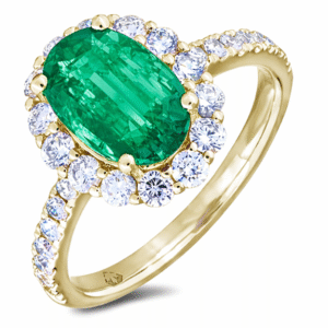Oval 1.60 Carat Emerald and Canadian Diamond Halo Ring in Yellow Gold