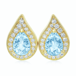 Aquamarine and Canadian Diamond Halo Stud Earrings in Yellow Gold