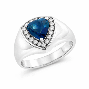 Men's Blue Sapphire and Diamond Halo Signet Ring In 18K White Gold
