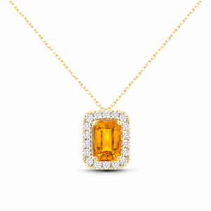 Emerald Shaped 1.40 Carat Orange Sapphire and Canadian Diamond Halo Pendant in Yellow Gold