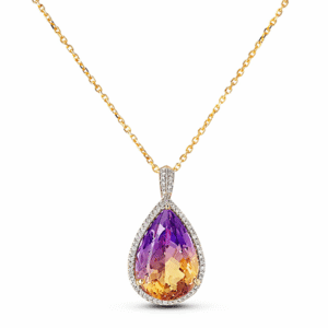 Pear Shape Bolivia Origin Ametrine and Canadian Diamond Halo Pendant in 14K Yellow and White Gold