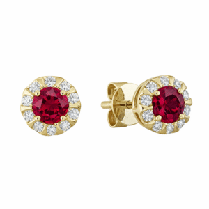 Canadian Diamond and Ruby Halo Stud Earrings in Yellow Gold