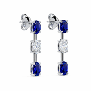 Oval Shaped De Beers Forevermark Diamonds and Ceylon Origin Blue Sapphire Drop Earrings in 18K White Gold