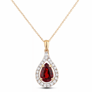 Canadian Diamond And Garnet Pear Shape Halo Pendant in Yellow Gold