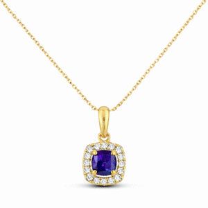 Violet Sapphire and Canadian Diamond Halo Pendant In Yellow Gold