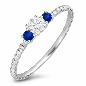 Beaded Style Dainty Ring with Blue Sapphire Accents and Canadian Diamond in White Gold