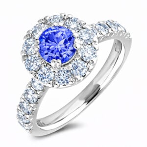 Blue Sapphire and Diamond Halo Ring in 14K White Gold