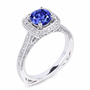 Blue Sapphire Ring with Double Diamond Halo and Pave Split Shank in 14K White Gold