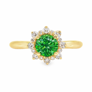 Tanzania Origin Tsavorite Garnet and Diamond Floral Halo Ring in 18K Yellow Gold