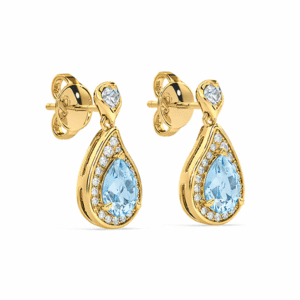 Aquamarine and Canadian Diamond Halo Drop Earrings in Yellow Gold