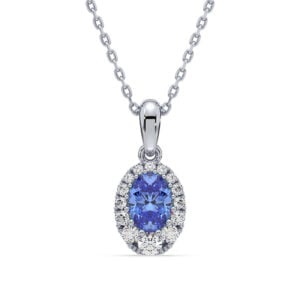 Ceylon 0.90 Carat Blue Sapphire and De Beers Forevermark Diamond Halo Pendant in 14K White Gold
