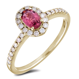 Non Heated Pink Sapphire & Canadian Diamond Oval Halo Ring in Yellow Gold
