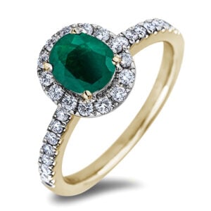 Emerald & Canadian Diamond Halo Ring in Yellow Gold