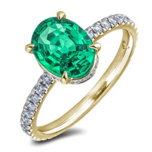 Emerald and Canadian Diamond Hidden Halo Oval Cut Ring in Yellow Gold