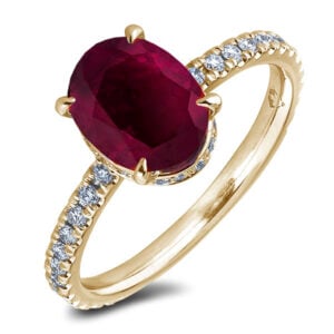 Ruby and Canadian Diamond Hidden Halo Oval Cut Ring in Yellow Gold