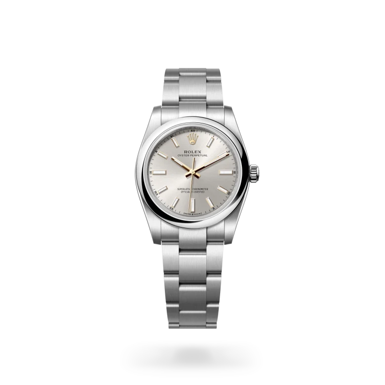 Rolex Oyster Perpetual in Oystersteel with Silver dial, Domed bezel, and Oyster, three-piece solid links bracelet