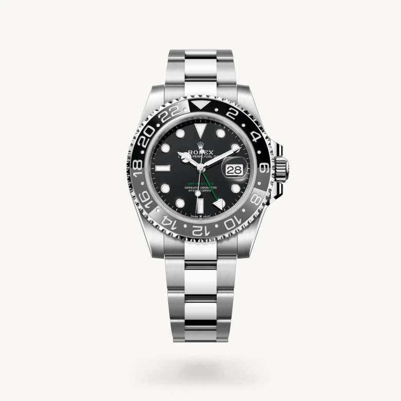 Rolex GMT-Master II in Oystersteel with Black dial, Bidirectional rotatable 24-hour graduated bezel. Two-colour grey and black Cerachrom insert in ceramic, moulded numerals and graduations bezel, and Oyster, three-piece solid links bracelet