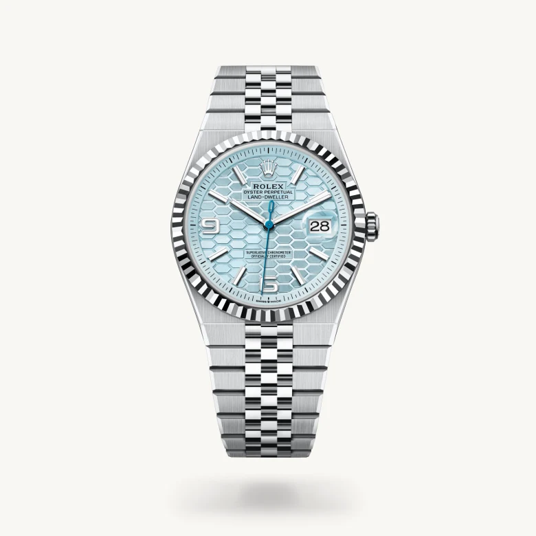 Rolex Land-Dweller 40 in Platinum with Ice blue, honeycomb motif dial, Fluted bezel, and Platinum bracelet