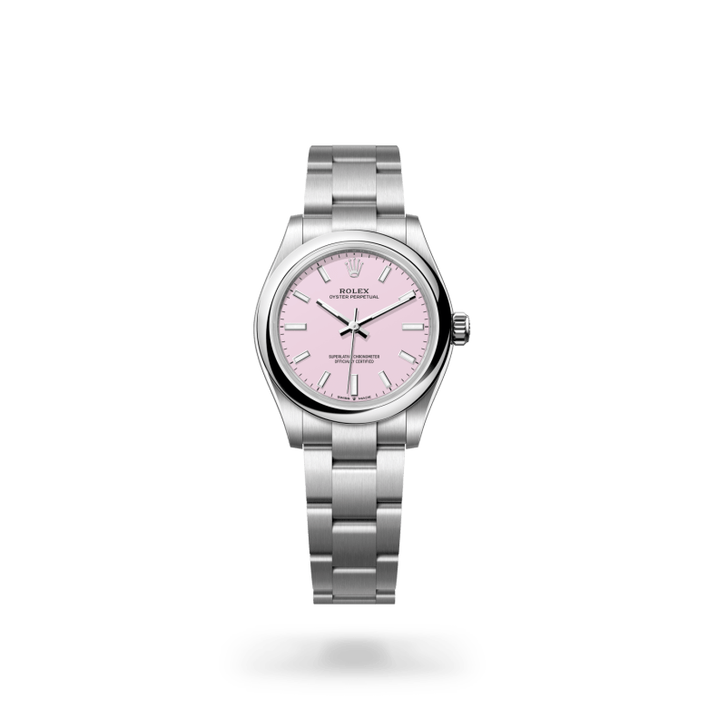 Rolex Oyster Perpetual in Oystersteel with Candy pink dial, Domed bezel, and Oyster, three-piece solid links bracelet