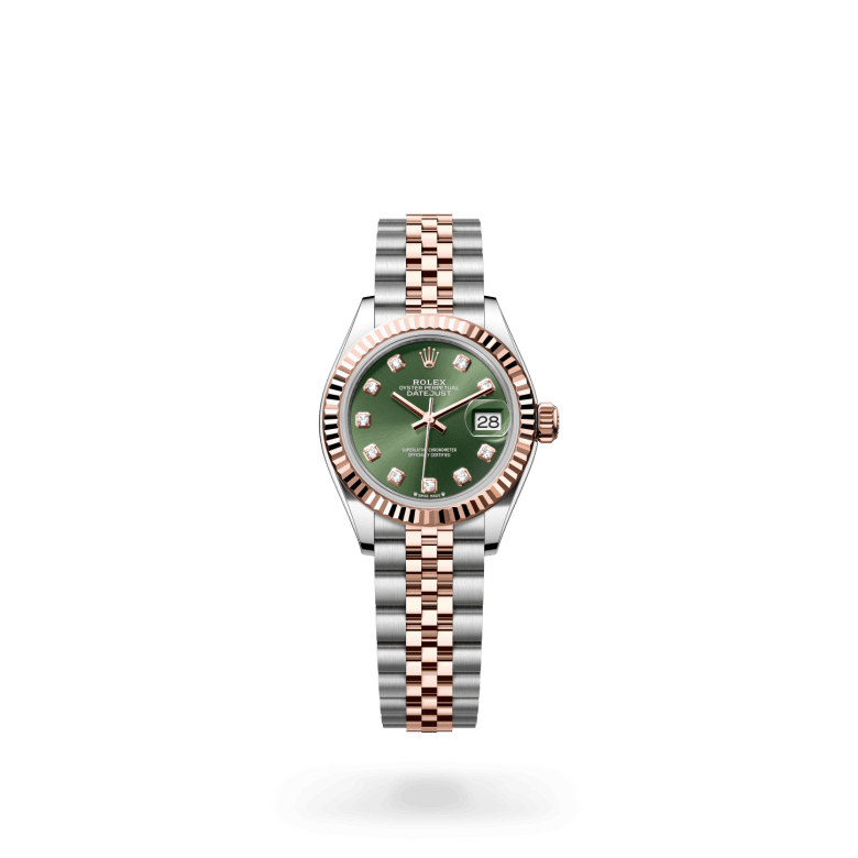 Rolex Lady-Datejust in Everose Rolesor - combination of Oystersteel and Everose gold with Olive green set with diamonds dial, Fluted bezel, and Jubilee, five-piece links bracelet