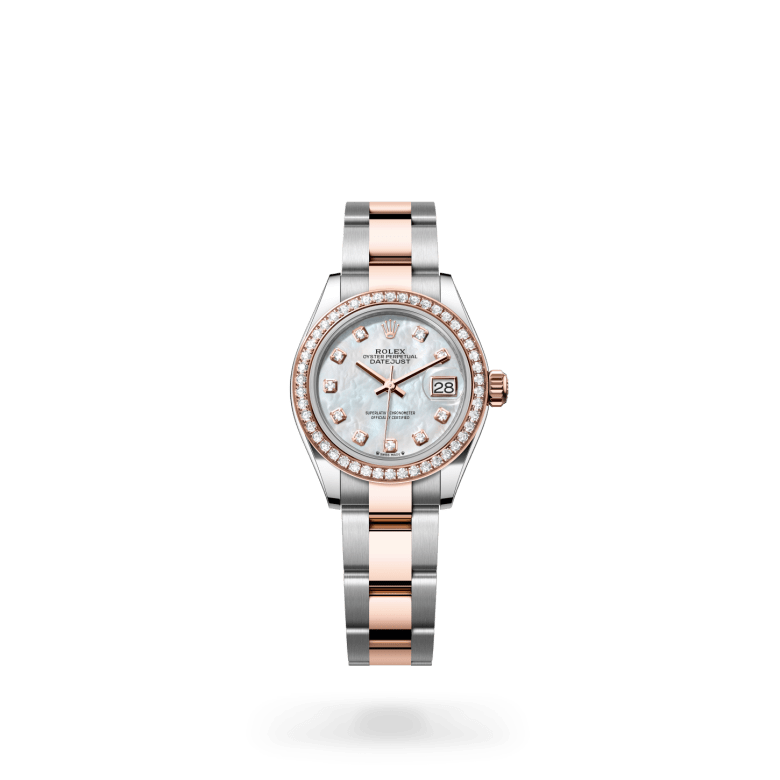 Rolex Lady-Datejust in Everose Rolesor - combination of Oystersteel and Everose gold with White mother-of-pearl set with diamonds dial, Set with diamonds bezel, and Oyster, three-piece solid links bracelet